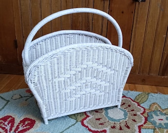 Vintage White Wicker Magazine Basket, Magazine Organizer, Basket Storage, With Handle, 1970s, Album Storage