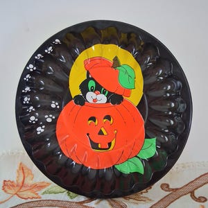 Vintage Black Kitty Serving Plate, Cat In Pumpkin, Dish, Thick Plastic, Cookie Dish, Halloween Candy Dish, Party