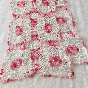 Vintage Lace Table Runner, Pink And White, Handmade Lace, Dresser Scarf, Long Runner, Cotton, Shabby Chic, French Country