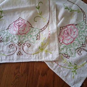 Hand Embroidered Table Runner, Pink Roses, Dresser Scarf, Cotton, Vintage, Table Linen, Shabby Chic