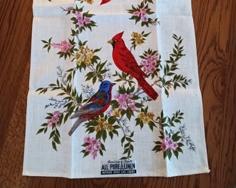 Vintage Pure Linen Bird Kitchen Towel, Parisian Prints, Red Cardinal, Blue Bird, Birds And Flowers, New Old Stock With Tag