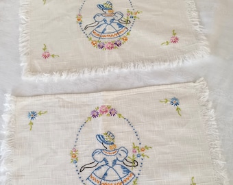 2 Embroidered Victorian Girl Doilies, Prairie Girl in Garden, Cream Colored, Flower Doilies, Table Decor, Dresser Doilies, Girls Bedroom