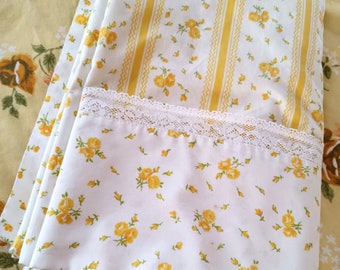 JC Penney Yellow Rose Twin Flat Sheet, Percale Sheet, Vintage Sheet, Sheet Yardage, Stripes, Lace Trim