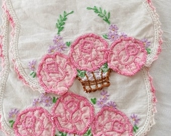 Fabric Applique Pink Rose Doilies, Set Of 2, Dresser Doilies, Hand Embroidered, Flower Baskets, Cottagecore, Grannychic