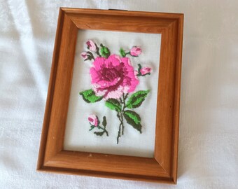 Vintage Pink Rose Crewel Embroidery, Wood Framed, Flower Embroidery, Shabby Chic, Cottage Decor