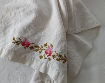 Flower Embroidered Kitchen Towel, Cotton Hand Towel, Dish Towel, Hand Embroidered, French Country Kitchen, Pink Flowers, Roses