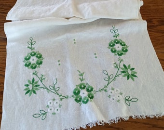 Hand Embroidered Table Runner, Green Flowers, Cream Colored, Dresser Scarf, Cottage Decor, Hand Stitched