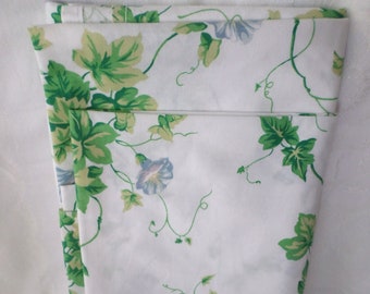 Vintage Ivy And Morning Glory Sheet, Cannon Sheet, Twin Flat, Twin Bedding, Blue Flowers, Green Ivy, Periwinkle