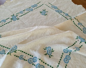 Embroidered Blue Flower Tablecloth, Square, Tan, Cream, Scalloped Edge, Small Tablecloth, 39 by 39, English Cottage, Shabby Blue