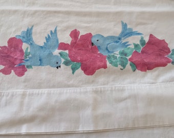 2 Sweet Vintage Bluebird Pillowcases, Printed Pillowcases, Red Roses, Birds and Flowers, White Cotton, Summer Bedding, Spring Decor