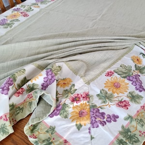 Vintage Grapevine and Flowers Tablecloth, Long Tablecloth, 91 BY 54, Yellow Flowers, Sage, Scarlet Colors, Cotton Tablecloth