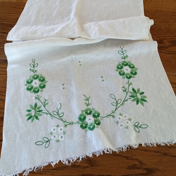 Hand Embroidered Table Runner, Green Flowers, Cream Colored, Dresser Scarf, Cottage Decor, Hand Stitched