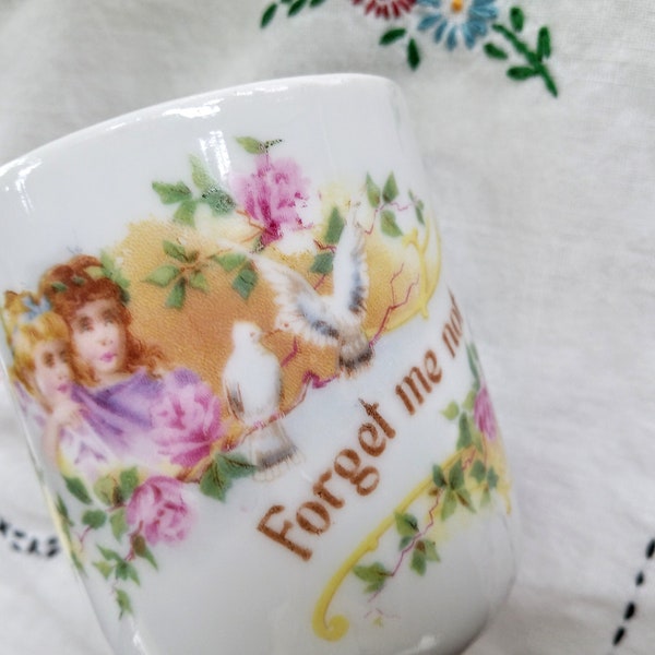 Antique Forget Me Not Tea Cup, Victorian Girls and Doves, Pink Roses, Shabby Chic Dish, Small Teacup