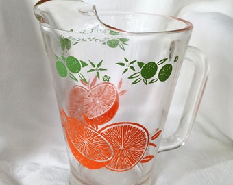 Vintage Orange Juice Pitcher, 1950s, Sliced Oranges Motif, Orange Design, Water Pitcher, Heavy Glass, Ice Lip