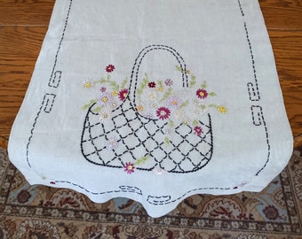 Hand Embroidered Table Runner, Flower Basket, Taupe Cloth, Cotton, Dresser Scarf