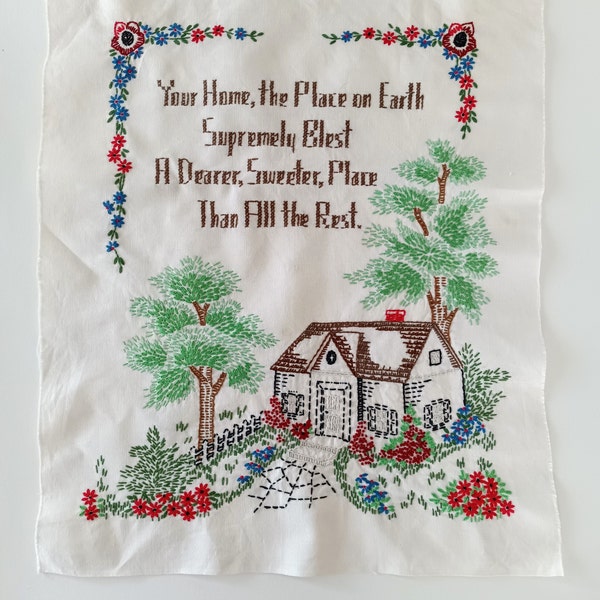 Vintage Finished Embroidery, Cottage In Woods, Home Is Best, Housewarming Gift, Cottage Garden, Hand Embroidered, Ready To Frame