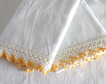 Vintage Handmade Lace Edge Pillowcases, White Cotton Blend, No Iron, 1950s, Cheerful Yellow, Custom Blend