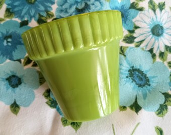 1930s Akro Agate Green Slag Glass Flower Pot, 1930s, Vintage Planter, Jadeite Green, Made In USA, Glass, Ribbed Edge