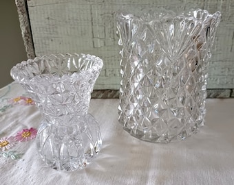 2 Vintage Cut Glass Flower Vases, Bud Vases, Heavy Glass, Clear Glass, Hollywood Regency, Shabby Chic, Victorian