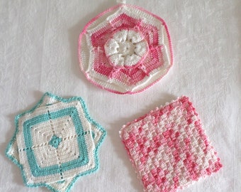 3 Sweet Vintage Hot Pads, Pink, Blue, Crocheted, Rose Hot Pad, Cotton, Trivets, 1950s