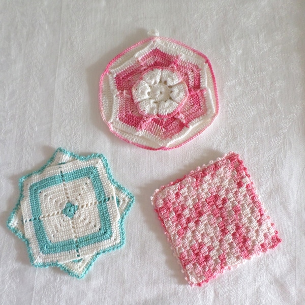 3 Sweet Vintage Hot Pads, Pink, Blue, Crocheted, Rose Hot Pad, Cotton, Trivets, 1950s