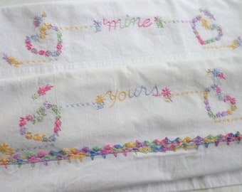Yours & Mine Pillowcases, Vintage Cases, Rainbow Lace Edge, Cotton Crochet Lace, Hand Embroidered, Wedding Gift, Kitschy, Anniversary Gift