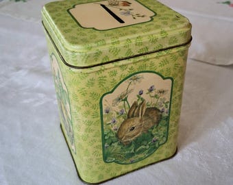 Sweet 1980 Animal Image Tin Bank, Bankland, Vintage Bank, Metal, Bunny, Duckling, Chipmunk, Bird, Child&#39;s Bank