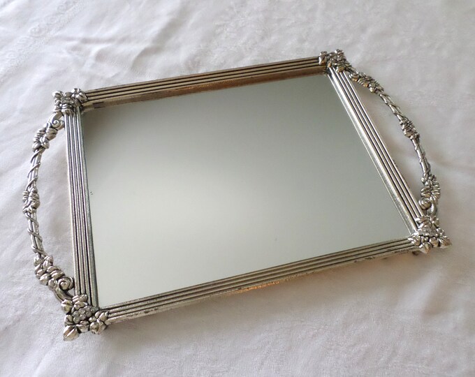 Silver Mirrored Vanity Tray, Vintage Tray, Silver Painted, Tray With