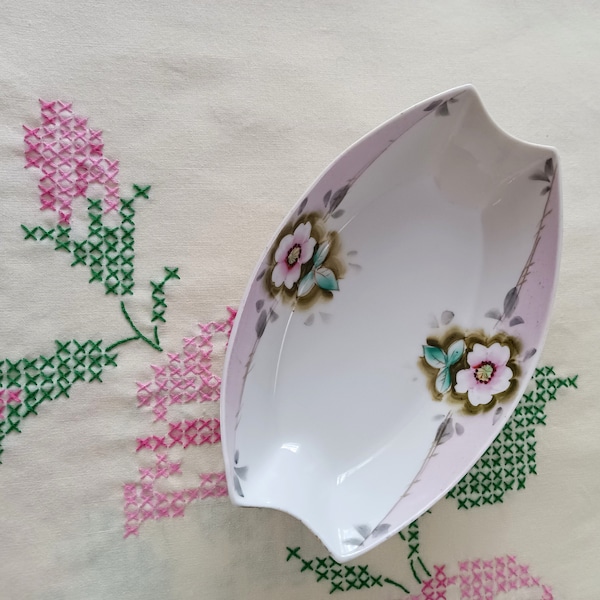 Hand Painted Purple China Dish, Teal Leaves, Pink Flowers, Made In Japan, Little Snack Dish, Serving Dish, Ring Dish, Candy Dish, Vintage