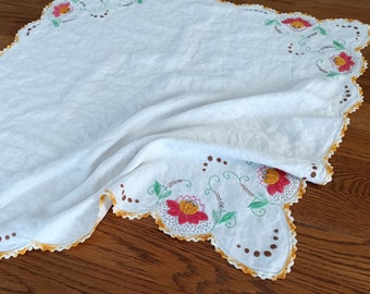 Floral Tablecloth and Napkin Set, Embroidered Flowers, Yellow Cotton Lace Edge, Orange Flowers