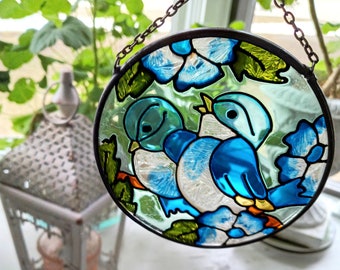Vintage Blue Bird Sun Catcher, Pewter Edge, Window Decoration, Spring Decor, Stained Glass