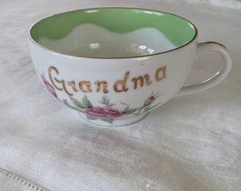Lefton Grandma Coffee Cup, China, Shabby Chic, Mothers Day Gift, Pink Roses, Jadeite Green, Gold Lettering, Japan, Tea Cup