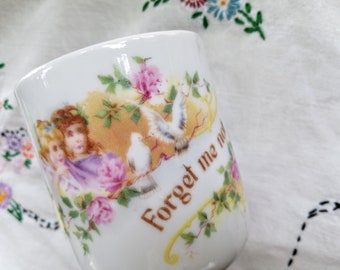 Antique Forget Me Not Tea Cup, Victorian Girls and Doves, Pink Roses, Shabby Chic Dish, Small Teacup