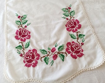 Hand Stitched Red Rose Runner, Vintage Table Runner, Dresser Scarf, Summer Decor, Cottagecore, English Cottage