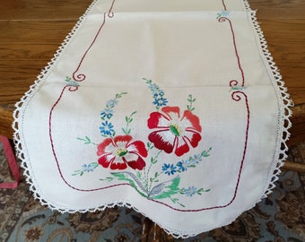 Hand Embroidered Table Runner, Red Flowers, Blue Flowers, Lace Edge, Vintage Dresser Scarf