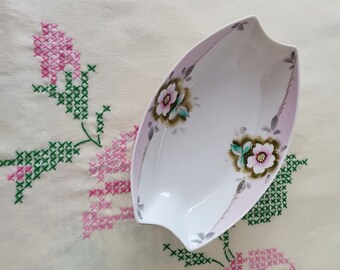 Hand Painted Purple China Dish, Teal Leaves, Pink Flowers, Made In Japan, Little Snack Dish, Serving Dish, Ring Dish, Candy Dish, Vintage