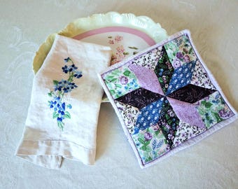 2 Vintage Kitchen Linens, Tea Towel and Patchwork Hot Pad Trivet, Purple and Blue