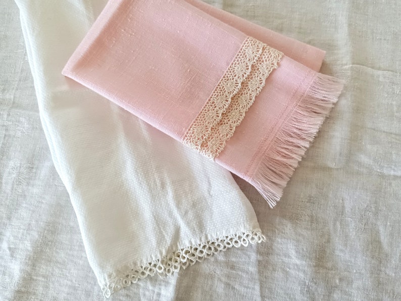 2 Vintage Tea Towels, Tatted Lace, Pink Linen Towel, White Cotton, Fingertip Towels, Tea Party, Shabby Chic image 3