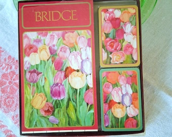 Vintage Caspari Tulip Bridge Card Gift Set with Score Pad, 2 Companion Decks, Boxed