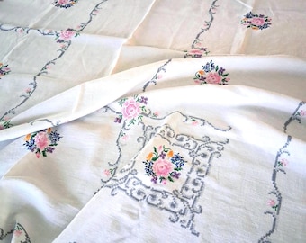 Vintage Embroidered Tablecloth, Floral Hand Stitched Linen Table Cover, Pink Roses