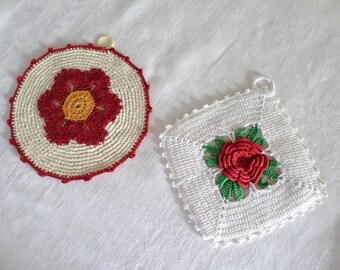 2 Vintage Crocheted Hot Pads, Cotton Trivets, Hand Crocheted, Red Rose, Coffee Mug Coasters, Coffee Bar