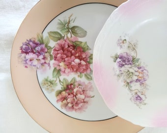2 Vintage Shabby China Dishes, Hydrangeas, Pink, Peach, Purple Flowers, Serving Plate With Handles, Cottage Kitchen