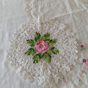 Large Handmade Pink Rose Lace Doily, Crocheted, White Cotton, Multi Layer Rose, Shabby Chic, Cottagecore, Dresser Doily image 4