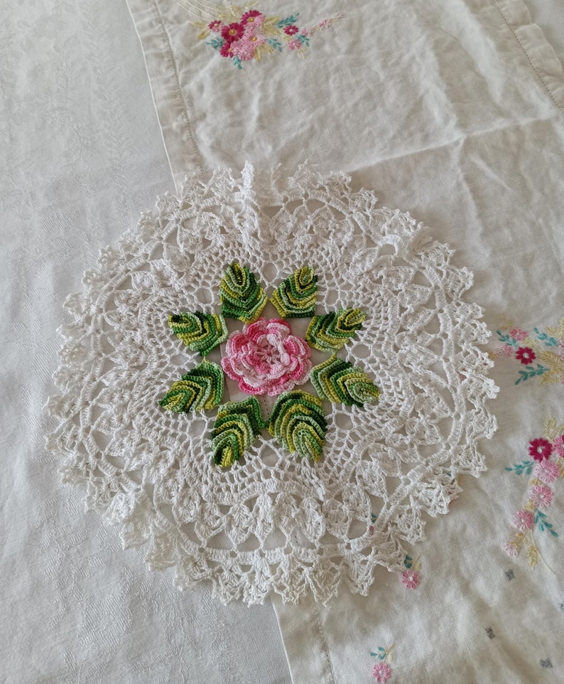 Large Handmade Pink Rose Lace Doily, Crocheted, White Cotton, Multi Layer Rose, Shabby Chic, Cottagecore, Dresser Doily image 4