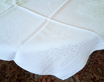 Mid Century Rose Pattern Damask Tablecloth, White Cotton