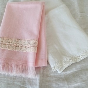 2 Vintage Tea Towels, Tatted Lace, Pink Linen Towel, White Cotton, Fingertip Towels, Tea Party, Shabby Chic image 1