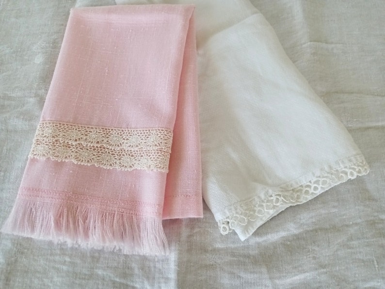 2 Vintage Tea Towels, Tatted Lace, Pink Linen Towel, White Cotton, Fingertip Towels, Tea Party, Shabby Chic image 1