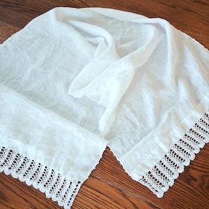 Vintage White Cotton Runner with Lace Edge, Victorian Table Linen, Shabby Chic