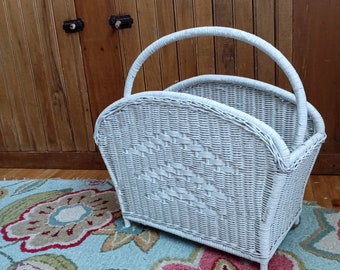 Vintage White Wicker Magazine Basket, Magazine Organizer, Basket Storage, With Handle, 1970s, Album Storage