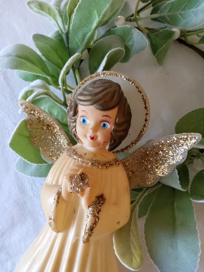 1950's Vintage Plastic Angel, Hand Made, Hong Kong, Glittered, Blue